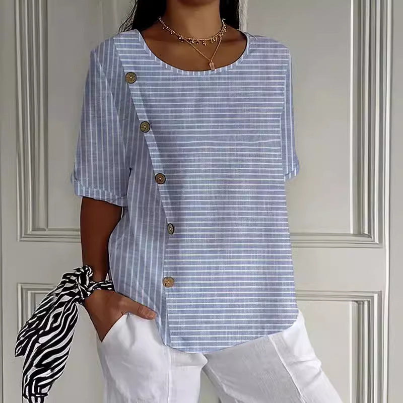 Women's Striped Button Casual Short Sleeve