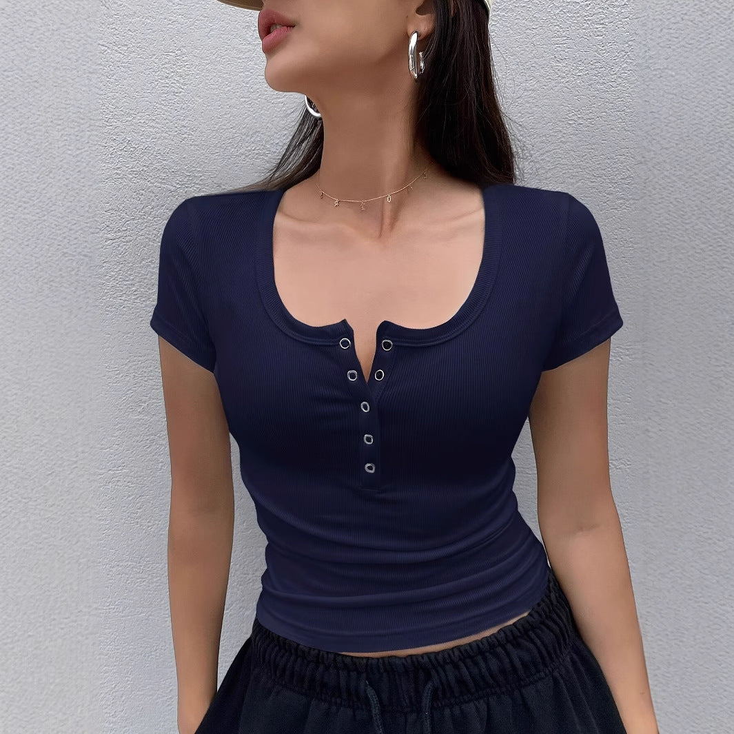 Women's Solid Color Short-sleeved Top Rib Knit Half-cardigan Button T-shirt