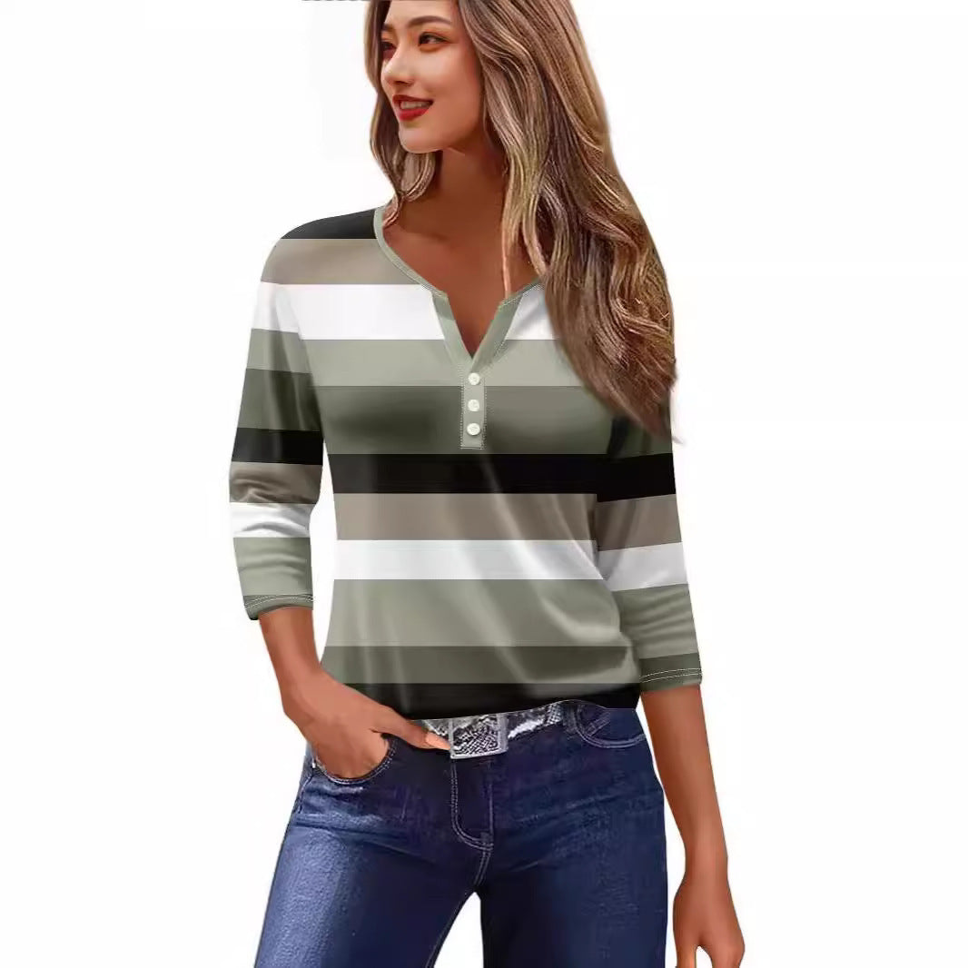 Women's T-shirt V-neck Half-open Tube Three-button Printed 34 Sleeves Top