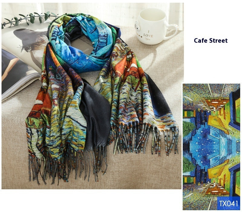 Tassel Digital Printing Scarf Cashmere Oil Painting Shawl