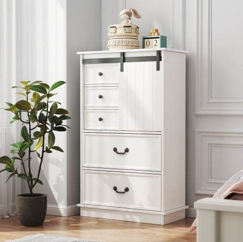 51'' Farmhouse Drawer Chest With Sliding Door, Multi-Storage Drawer Dresser With 5 Drawers And Storage Shelf, Tall Chest Of Drawers With Adjustable Shelves For Bedroom, Living Room - Avalon