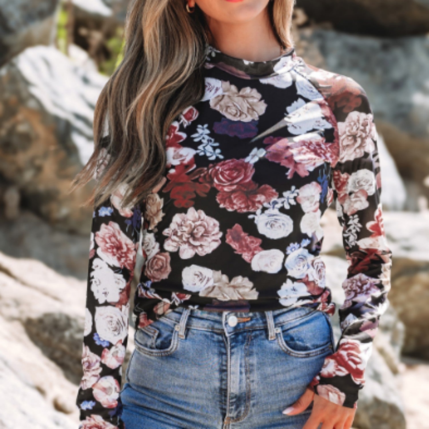 Mesh Floral Print Mock Neck Long Sleeve Slim Top