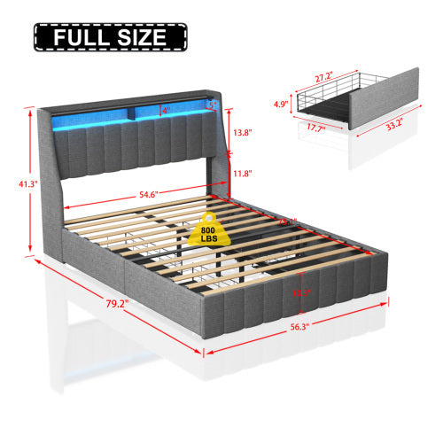 Full Size Bed Frame With LED, 4 Under-bed Portable Storage Drawers, Wings Headboard Design, Light Grey
