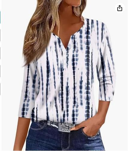 Women's T-shirt V-neck Half-open Tube Three-button Printed 34 Sleeves Top