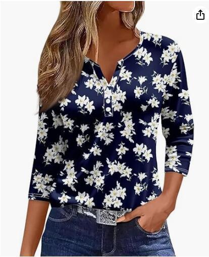 Women's T-shirt V-neck Half-open Tube Three-button Printed 34 Sleeves Top