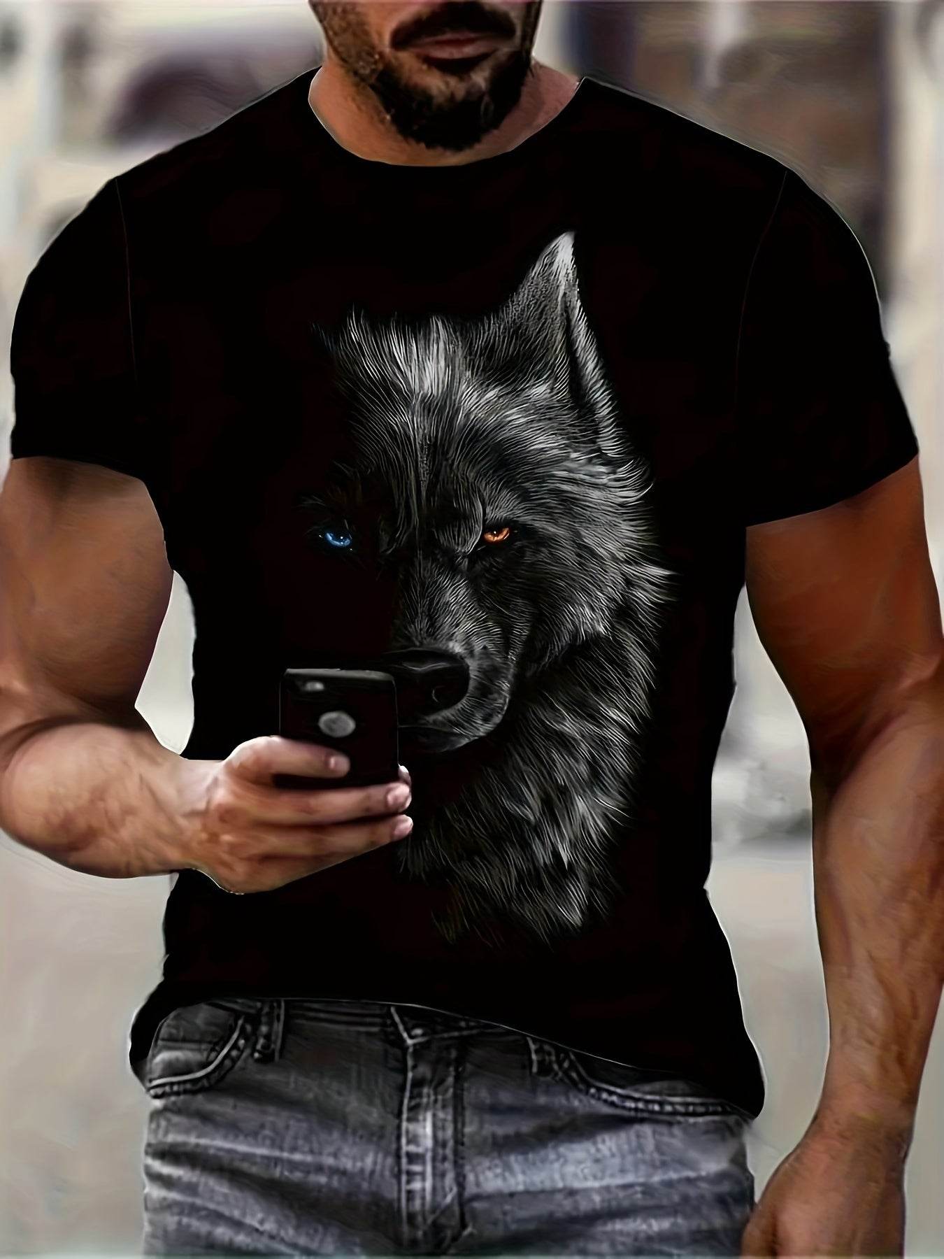 3D Digital Cool Wolf Contrast Color Eye Pattern Round Neck T-shirt, Men's Summer Outdoor Activity Fashion Top - Avalon