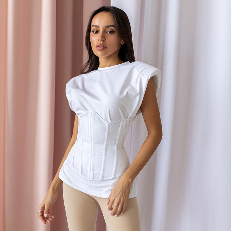 Women's Short Cinched Waist Waistcoat Outer Wear Lace Up Casual Top