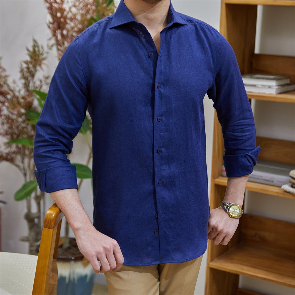 Men's Cotton Linen Casual Solid Color Long Sleeve Shirt