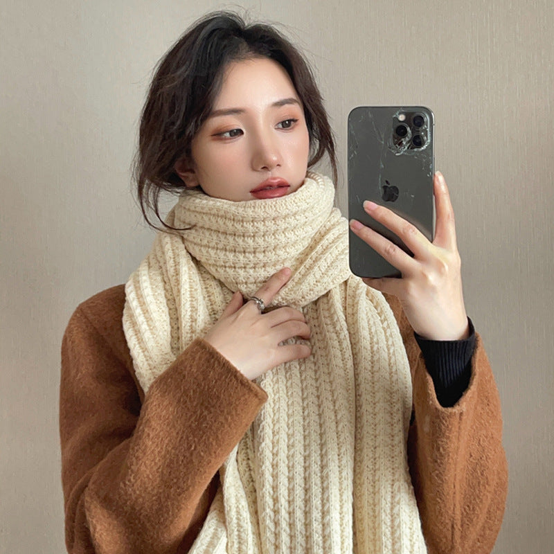 White Harajuku Style Coarse Yarn Knitted Scarf For Women Winter Korean Style All-matching Warm Japanese Style Students Thickened