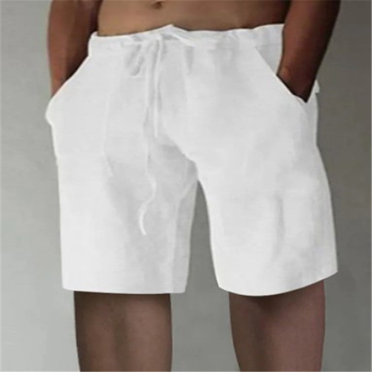 Men's Summer Solid Color Drawstring Cotton Linen Loose Casual Shorts
