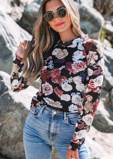 Mesh Floral Print Mock Neck Long Sleeve Slim Top