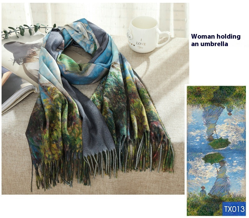 Tassel Digital Printing Scarf Cashmere Oil Painting Shawl