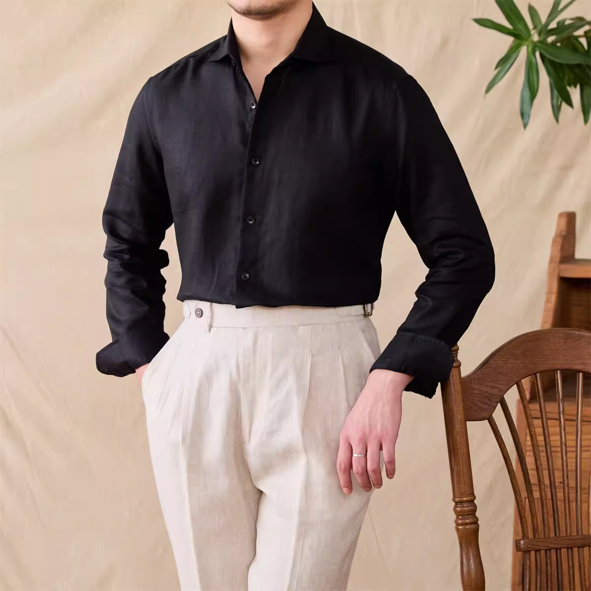 Men's Cotton Linen Casual Solid Color Long Sleeve Shirt