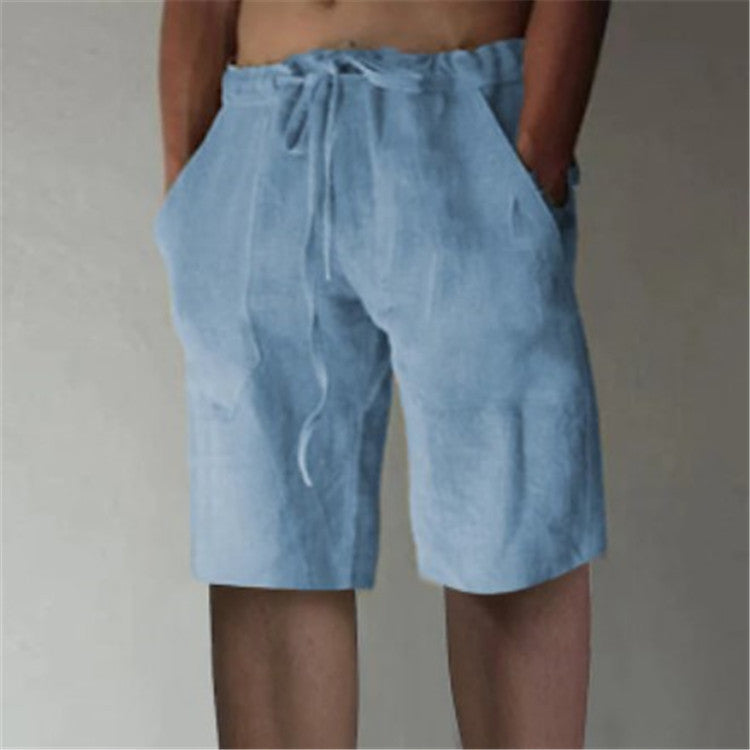 Men's Summer Solid Color Drawstring Cotton Linen Loose Casual Shorts
