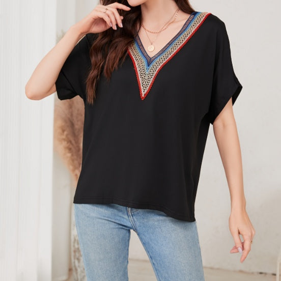 Women's Loose Fit Short Sleeved Breathable Casual Lace V-neck Shirt Top