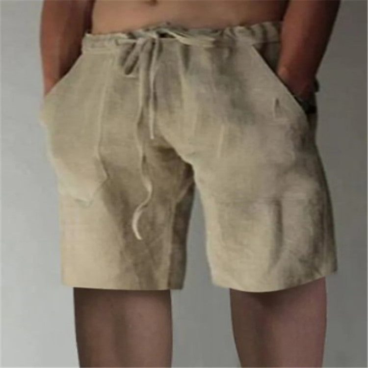 Men's Summer Solid Color Drawstring Cotton Linen Loose Casual Shorts