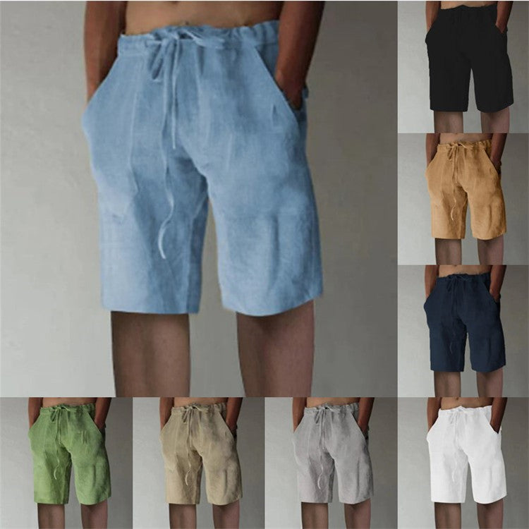 Men's Summer Solid Color Drawstring Cotton Linen Loose Casual Shorts