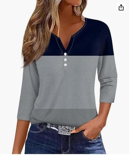 Women's T-shirt V-neck Half-open Tube Three-button Printed 34 Sleeves Top
