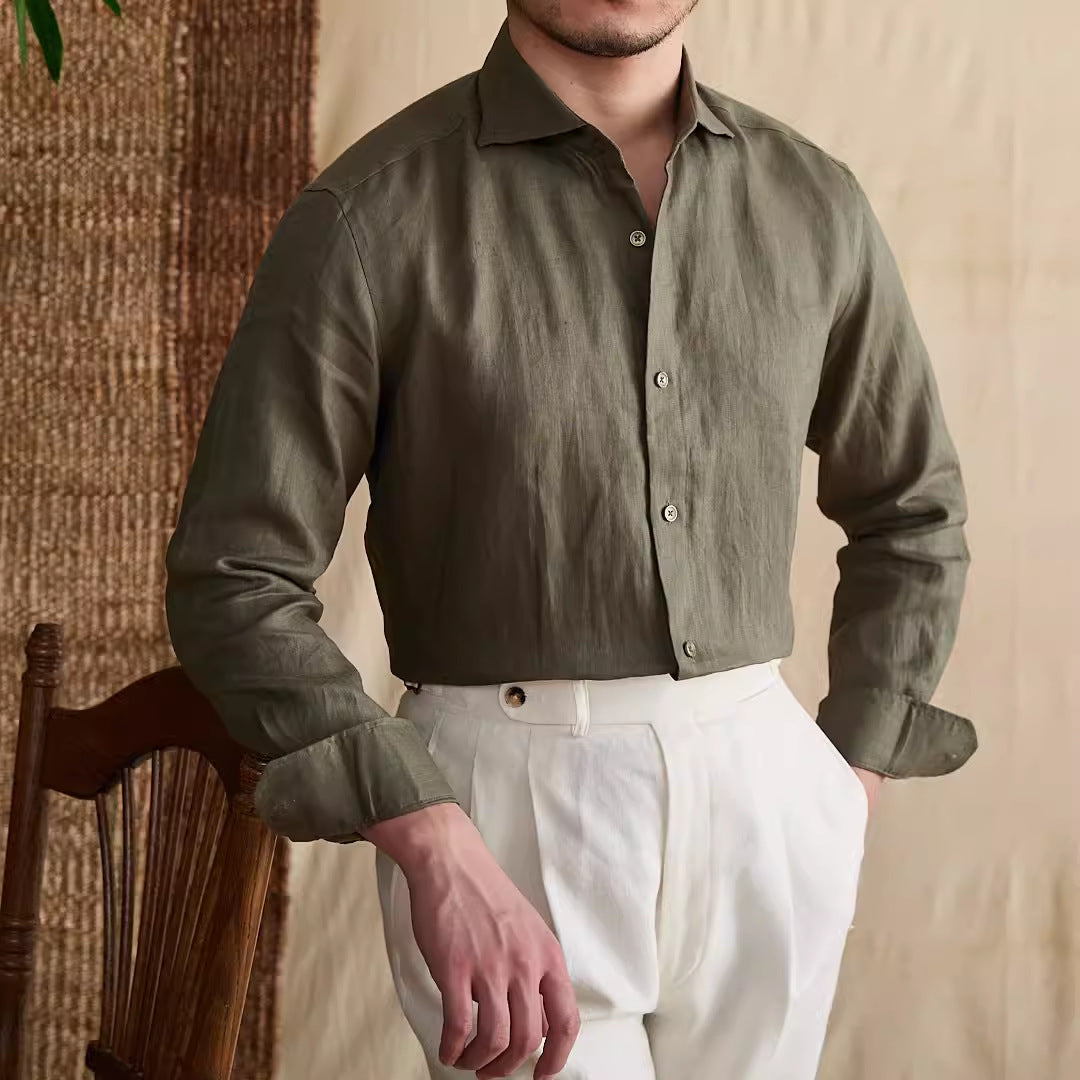Men's Cotton Linen Casual Solid Color Long Sleeve Shirt