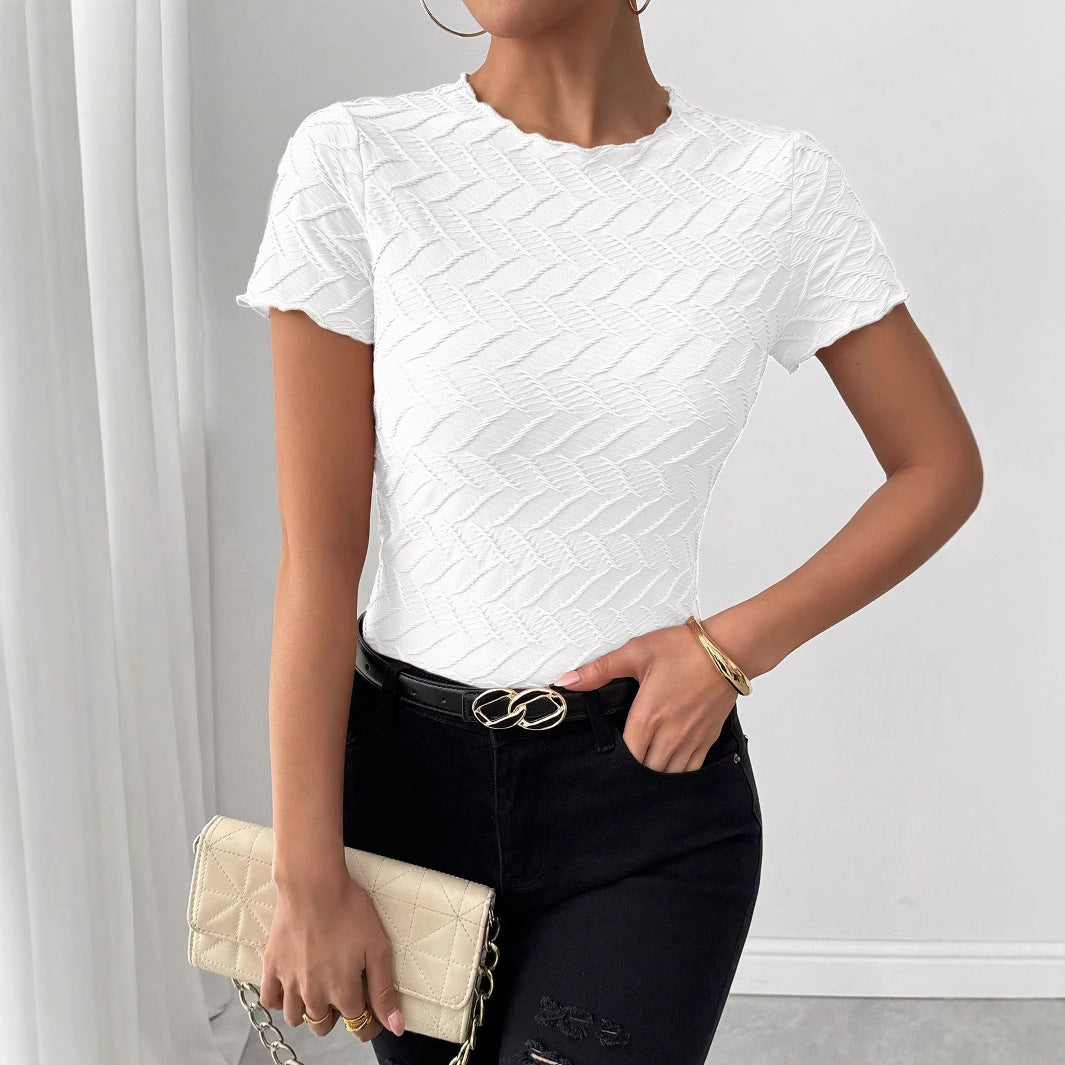 Summer New Texture Solid Color Round Neck Short Sleeve Commuter Style Ladies Top
