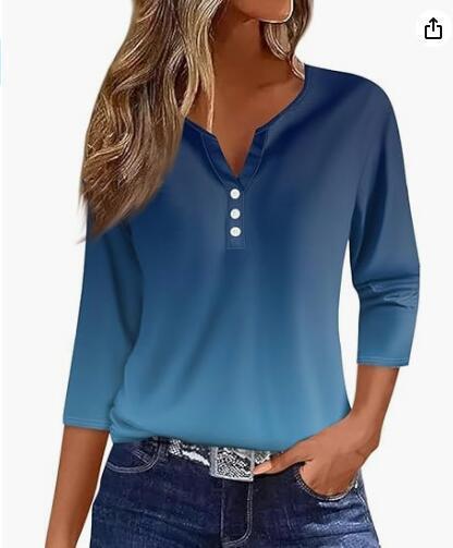 Women's T-shirt V-neck Half-open Tube Three-button Printed 34 Sleeves Top