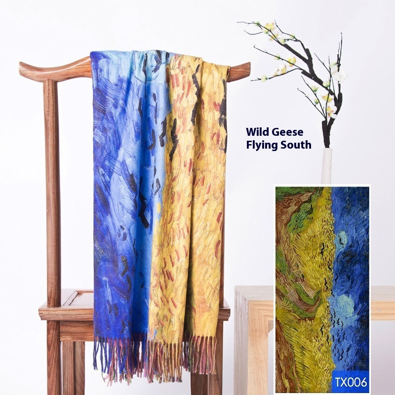 Tassel Digital Printing Scarf Cashmere Oil Painting Shawl