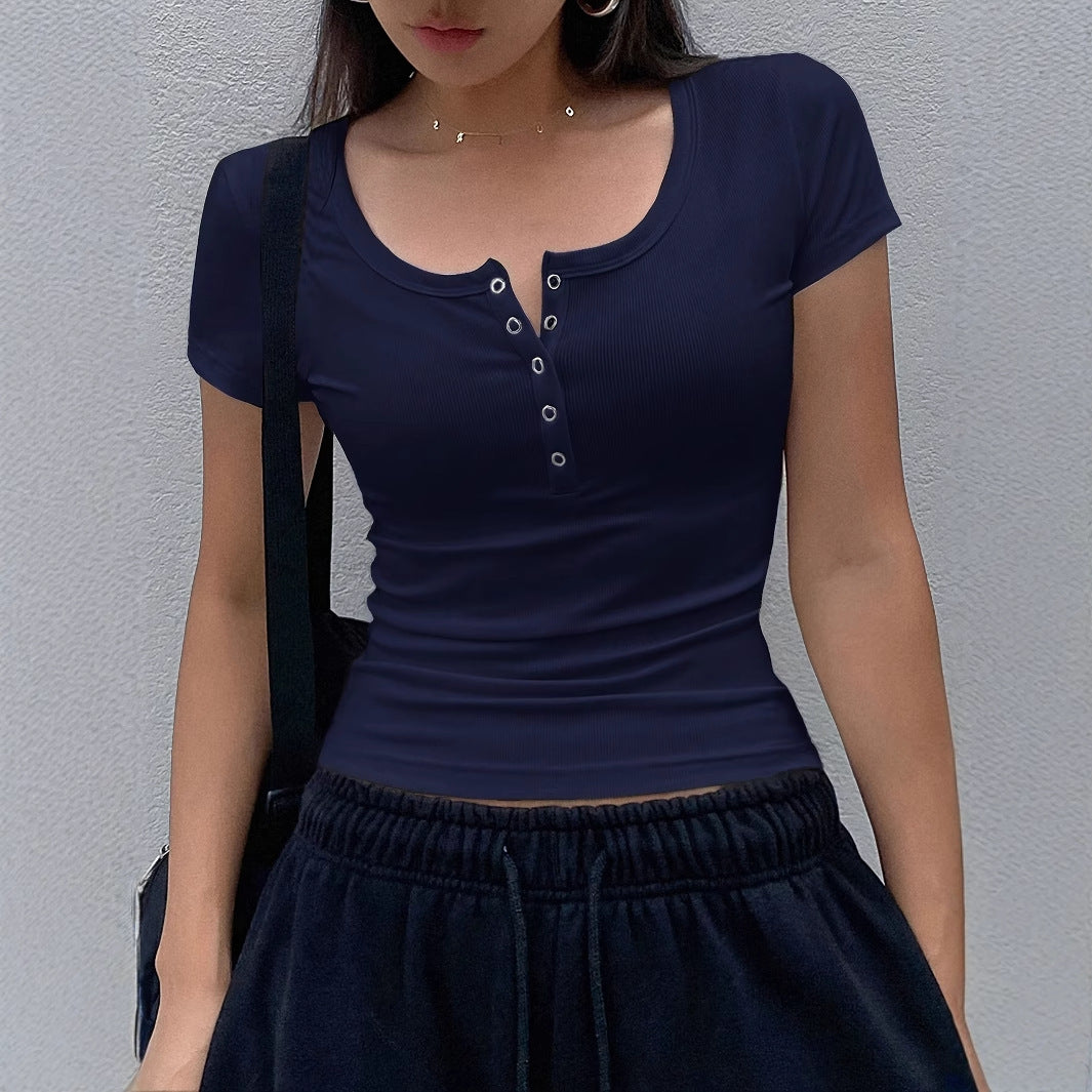 Women's Solid Color Short-sleeved Top Rib Knit Half-cardigan Button T-shirt