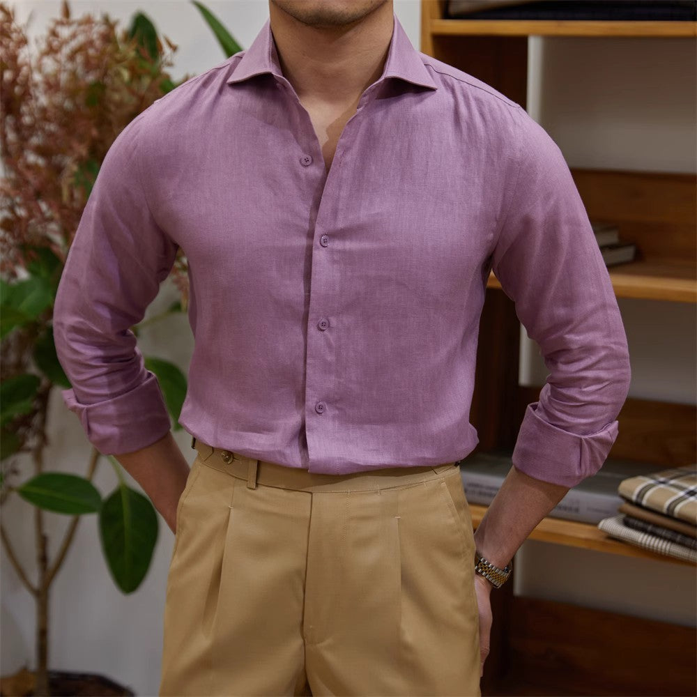 Men's Cotton Linen Casual Solid Color Long Sleeve Shirt