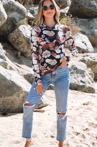 Mesh Floral Print Mock Neck Long Sleeve Slim Top