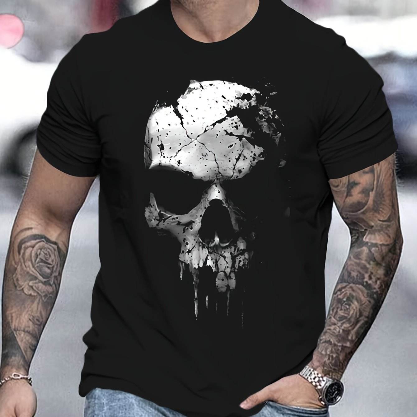 A Novel And Cool Top For Men To Wear Outdoors In Summer, Featuring A 3D Digital Shattered Skull Pattern And A Round Neck Short Sleeved T-shirt - Avalon