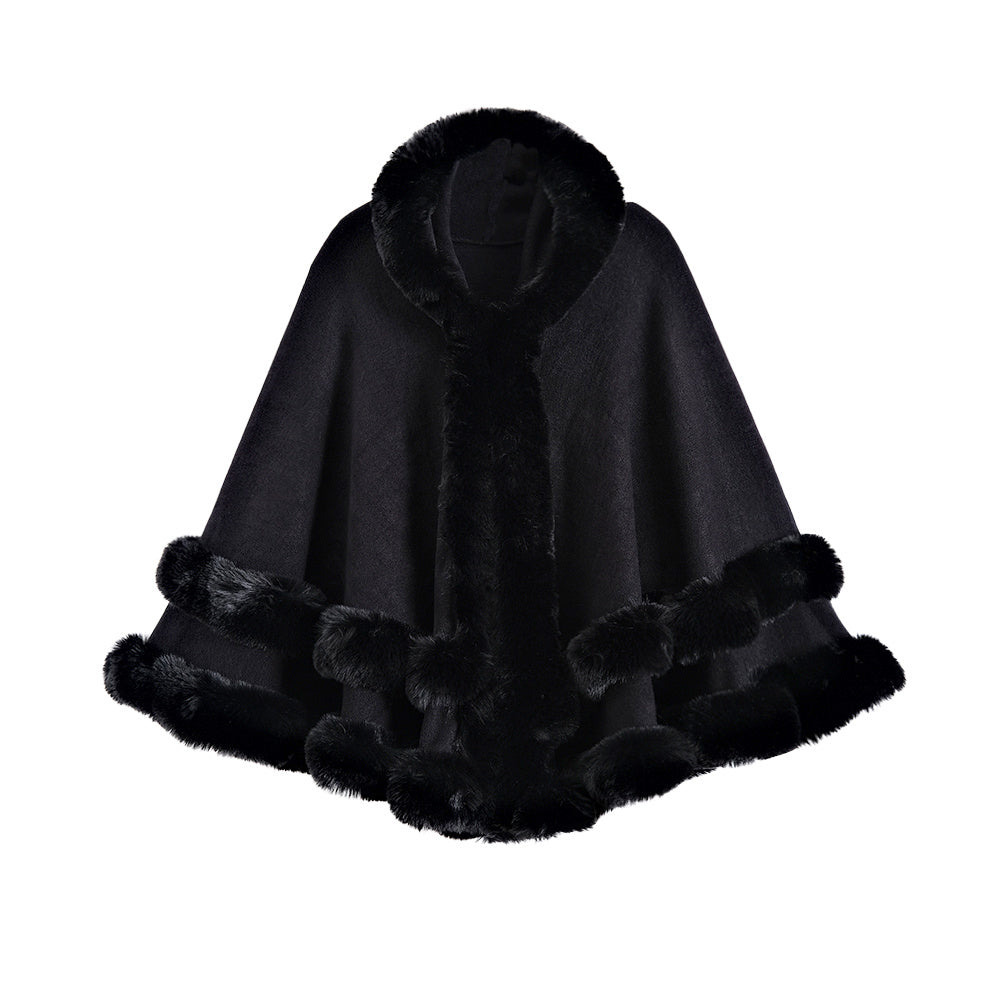 Oversized Knitted Cape Outer Shawl Artificial Fur Collar Hooded Warm Jacket