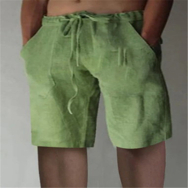 Men's Summer Solid Color Drawstring Cotton Linen Loose Casual Shorts