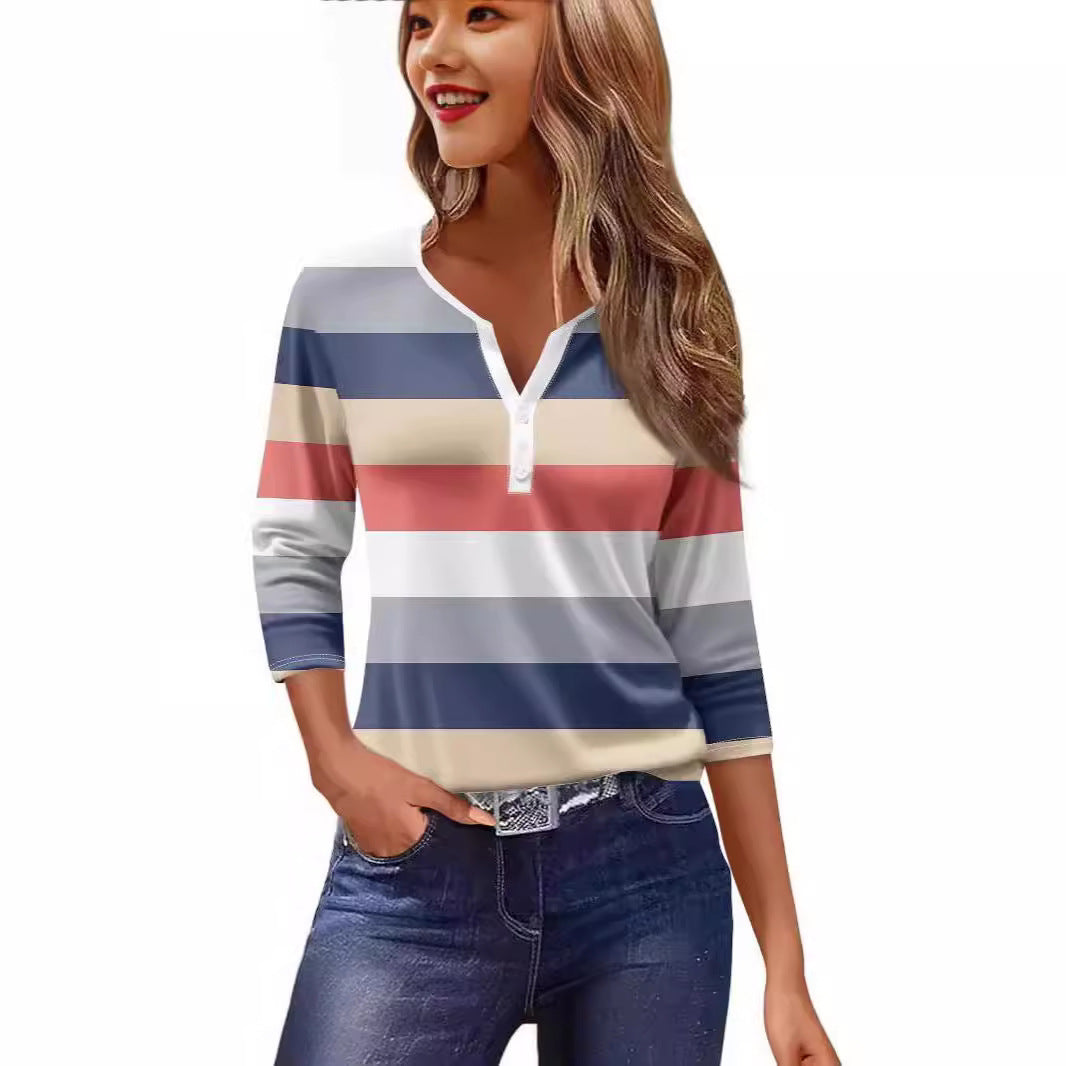 Women's T-shirt V-neck Half-open Tube Three-button Printed 34 Sleeves Top