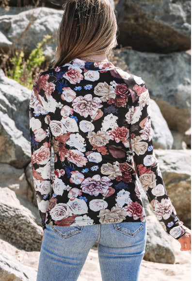 Mesh Floral Print Mock Neck Long Sleeve Slim Top