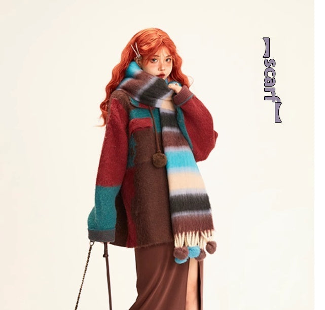 Colorful Striped Wool Ball Warm Scarf