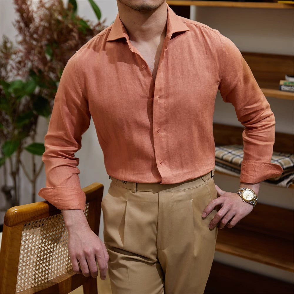 Men's Cotton Linen Casual Solid Color Long Sleeve Shirt