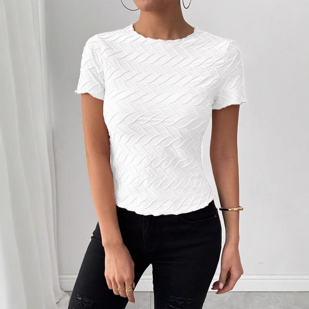 Summer New Texture Solid Color Round Neck Short Sleeve Commuter Style Ladies Top