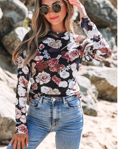 Mesh Floral Print Mock Neck Long Sleeve Slim Top