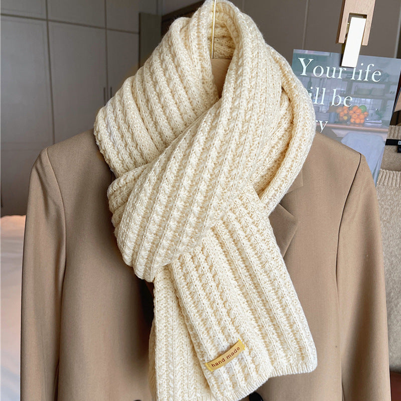 White Harajuku Style Coarse Yarn Knitted Scarf For Women Winter Korean Style All-matching Warm Japanese Style Students Thickened