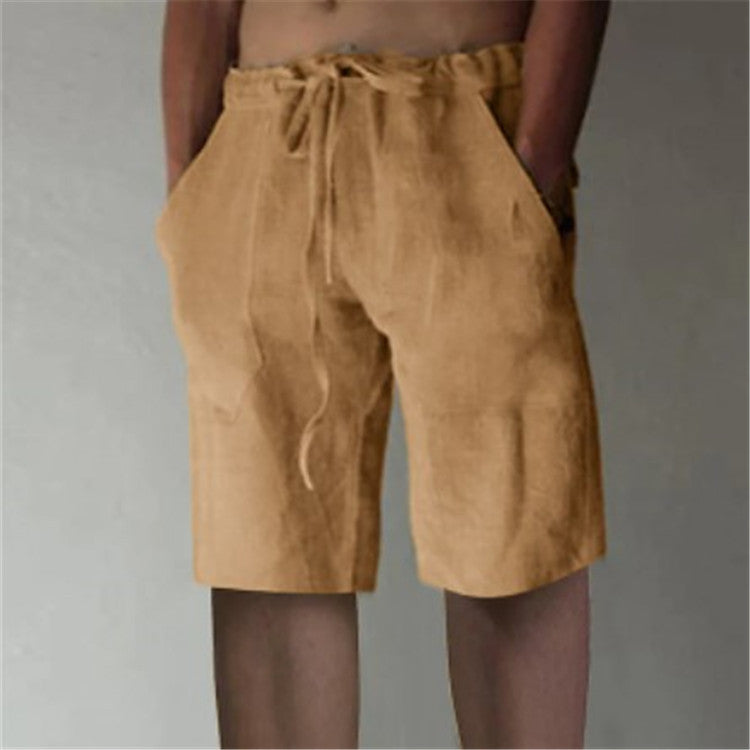 Men's Summer Solid Color Drawstring Cotton Linen Loose Casual Shorts