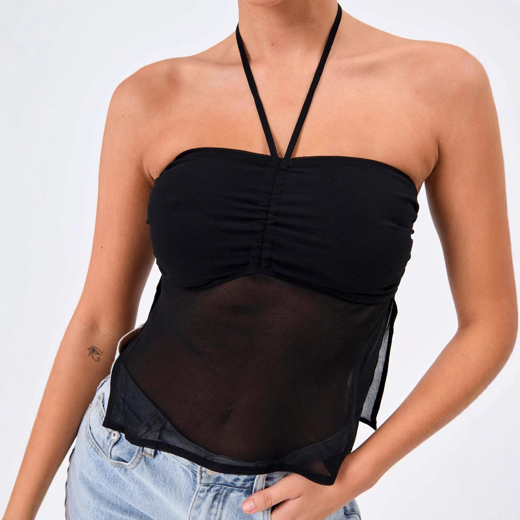 Women's Straps Tulle Halter Pure Color Tube-top Vest