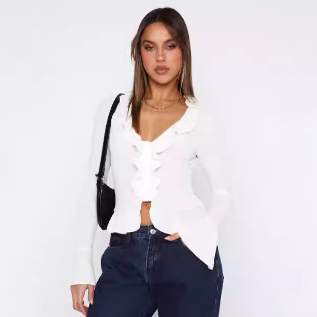 Irregular T-shirt V-neck Ruffled Flared Sleeve Button Short Cardigan Top
