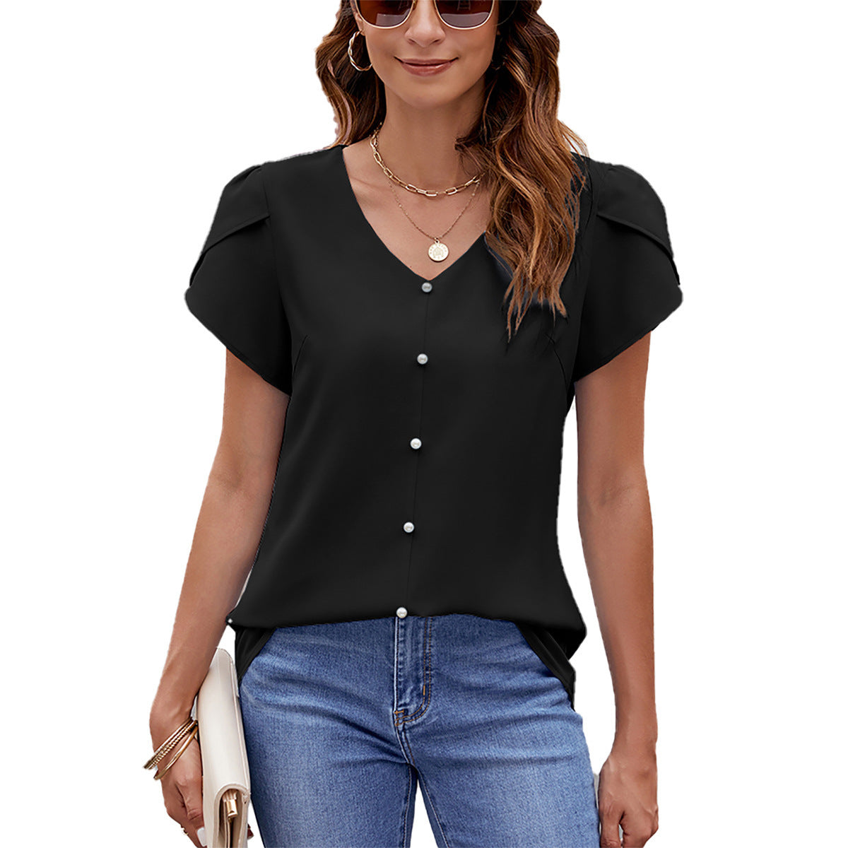 Women's Solid Color And V-neck Short Sleeve Loose Chiffon Shirt