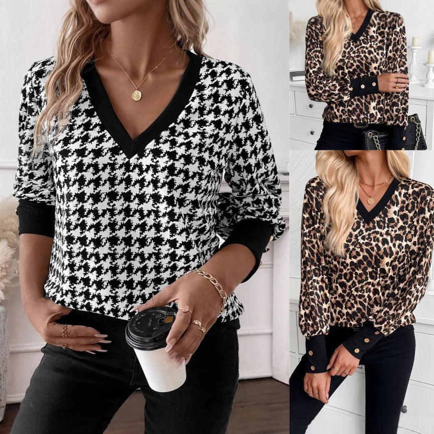 Elegant Women's Printed Sweater V-neck Long Sleeve