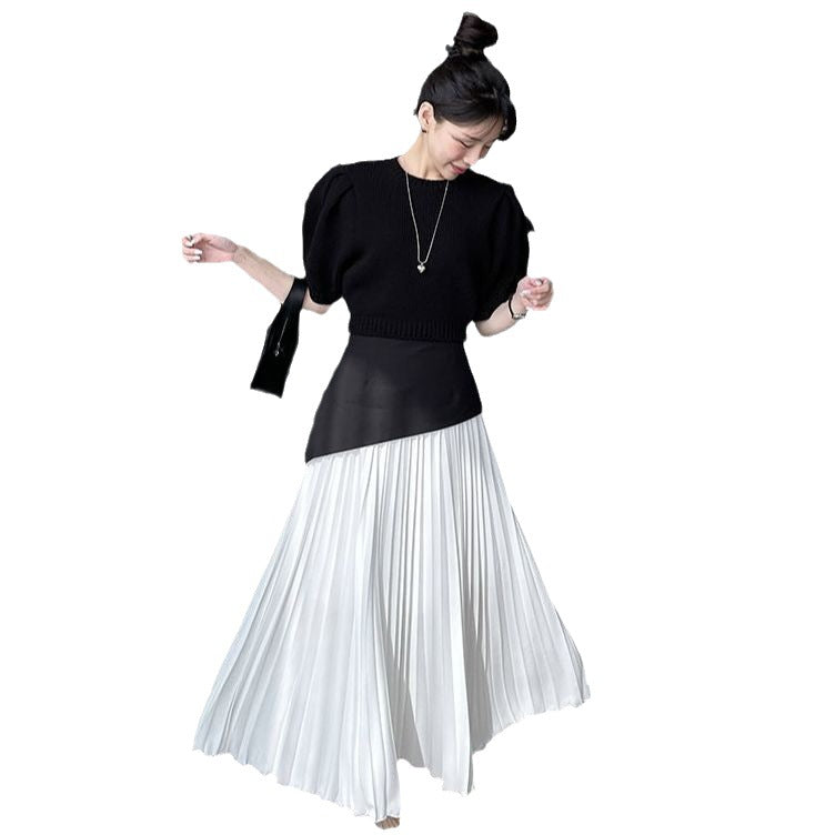 Pleated Contrast Color High Waist Women's All-match Dress
