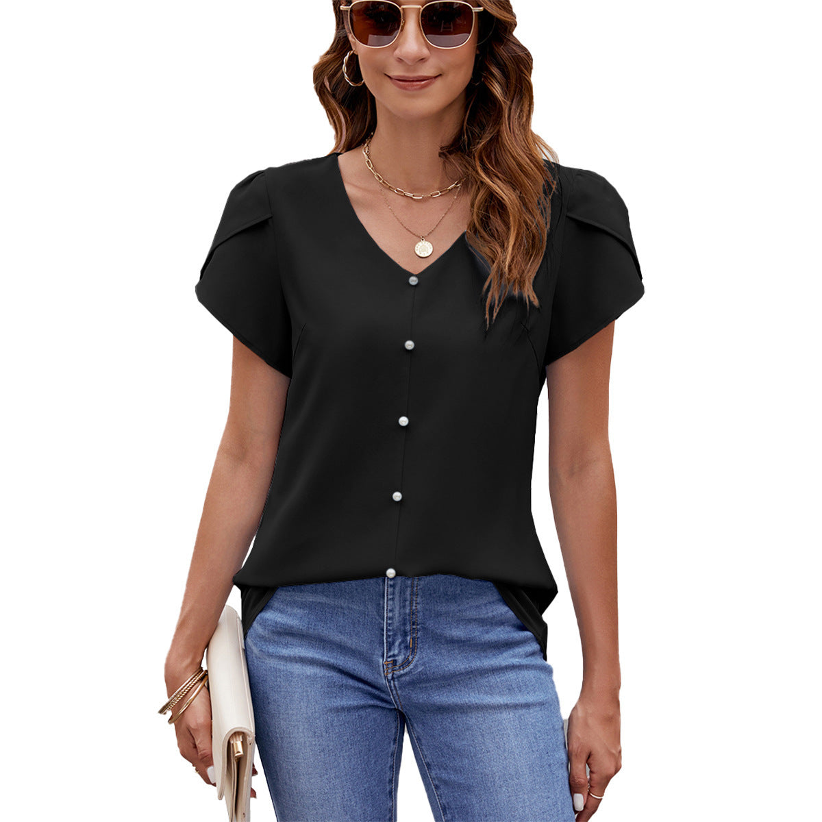 Women's Solid Color And V-neck Short Sleeve Loose Chiffon Shirt