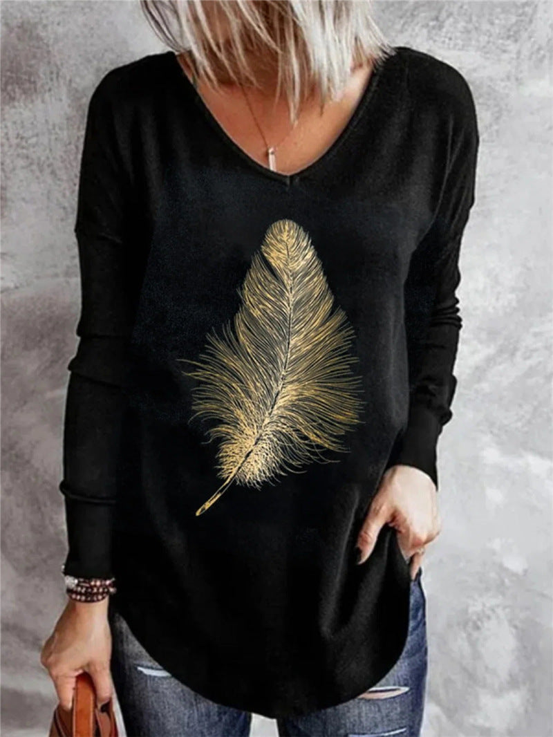 Women's Casual V-neck Bottoming Long-sleeved Printed T-shirt