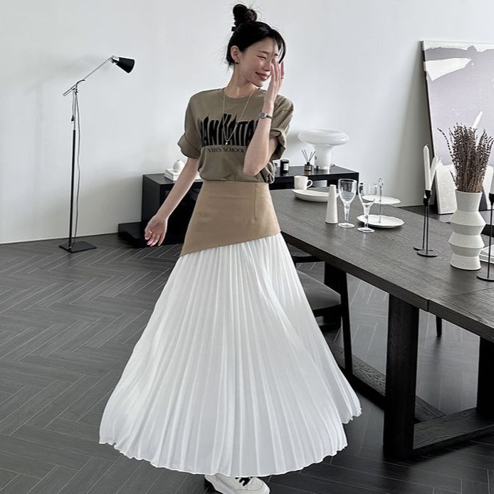 Pleated Contrast Color High Waist Women's All-match Dress