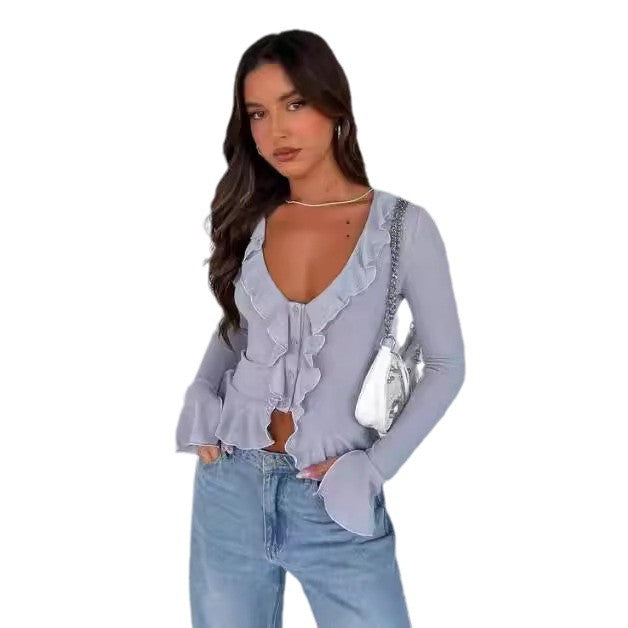 Irregular T-shirt V-neck Ruffled Flared Sleeve Button Short Cardigan Top