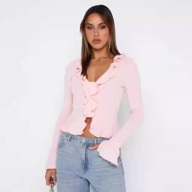 Irregular T-shirt V-neck Ruffled Flared Sleeve Button Short Cardigan Top